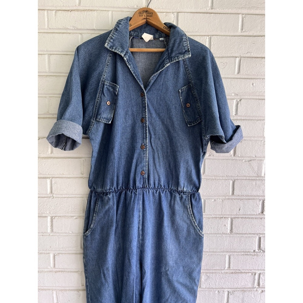Vintage‎ 1980s Denim Jean Jumper Large Sz 11 Dolman Sleeve Pockets Romper